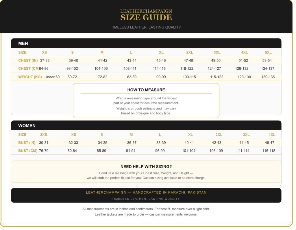 LeatherChampaign leather jacket size chart in inches and centimetres